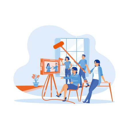 Illustration for A team of professional film crew shoots a scene of two models. Talented female director looking at movie scenes on TV screen and talking with an assistant, hitting Blockbuster. Video Editor concept. trend modern vector flat illustration - Royalty Free Image
