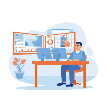Illustration for Male editor sitting in front of a multi-monitor computer while editing a film frame. Expert videographers improve video quality using special software. Video Editor concept. trend modern vector flat illustration - Royalty Free Image