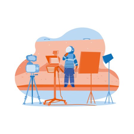 Illustration for Behind-the-scenes shots of a virtual production stage with a large LED screen, the cinematographer shoots the Mars scene. Filmmaking process. Video Editor concept. trend modern vector flat illustration - Royalty Free Image