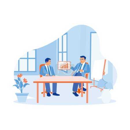 Illustration for Mature male businessman working in a modern office. Using digital tablets to discuss business developments with younger colleagues in the office. Digital business concept. trend modern vector flat illustration - Royalty Free Image