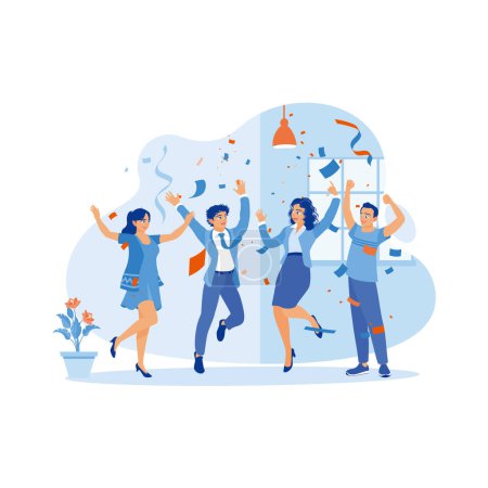 Illustration for A group of happy young people celebrate the birthday of one of their colleagues. They stood up and threw confetti inside the house. Celebration concept. trend modern vector flat illustration - Royalty Free Image