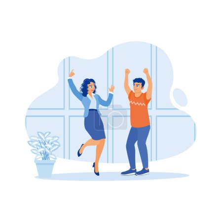 Illustration for Happy and cheerful men and women celebrating promotion. A woman delivers happy news to a man. Celebration concept. trend modern vector flat illustration - Royalty Free Image