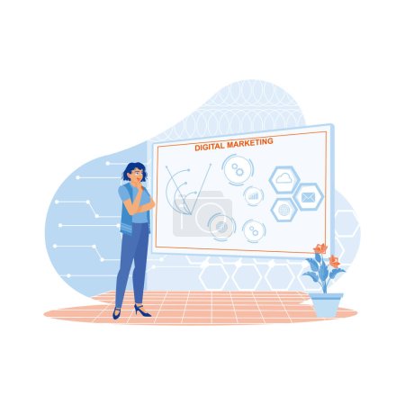 Illustration for Female manager standing in front of virtual screen in modern office. Study the global network structure with virtual icons on the screen. Digital business concept. trend modern vector flat illustration - Royalty Free Image