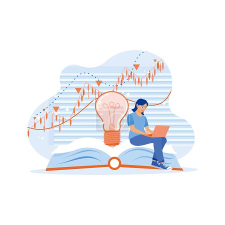 Illustration for Businesswoman sitting on open book and light bulb. Using a laptop to study the stock market and candlestick charts. Stock Trading concept. trend modern vector flat illustration - Royalty Free Image