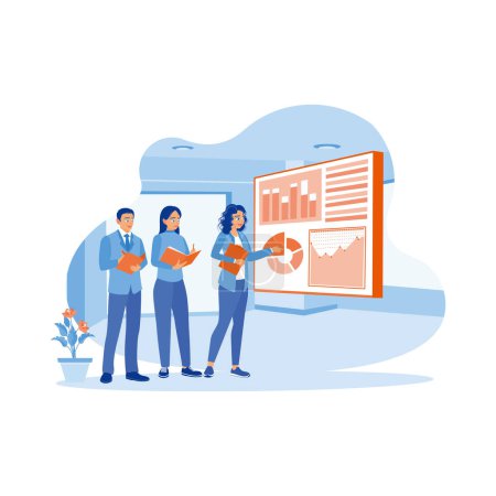 Illustration for The company operations manager is holding a presentation with other colleagues in the office. Use a projector screen to analyze and study growth graphs, statistics and data. Business analysis concept. trend modern vector flat illustration - Royalty Free Image