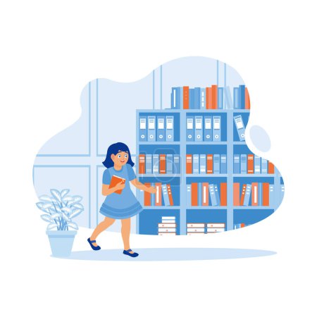 Illustration for A cheerful little girl is in the school library. He carried a book and stood in front of the bookshelf. Children's concept. trend modern vector flat illustration - Royalty Free Image
