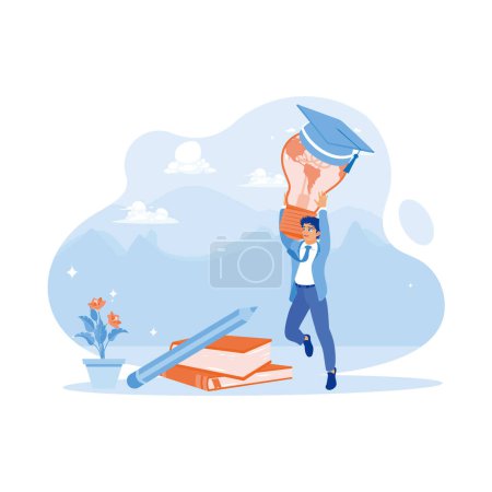 Illustration for Male college student carrying a globe light bulb with a graduation cap. Innovative learning concept. Education concept. trend modern vector flat illustration - Royalty Free Image