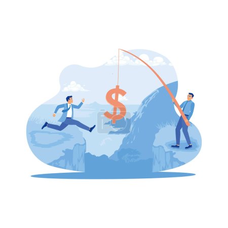 Illustration for A businessman jumps from one cliff to another. Dollar sign lures that other business people reel in with fishing hooks. Finance control scenes concept. trend modern vector flat illustration - Royalty Free Image