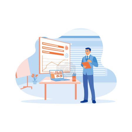 Illustration for A smart boss in a blue suit stands before the projector screen. Control company data using laptops and digital tablets. Finance control scenes concept. trend modern vector flat illustration - Royalty Free Image
