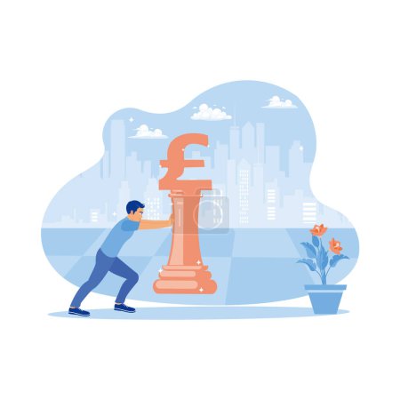 Illustration for Adult man pushing money pound symbol on chess board. Urban landscape background with multi-story buildings. Finance control scenes concept. trend modern vector flat illustration - Royalty Free Image