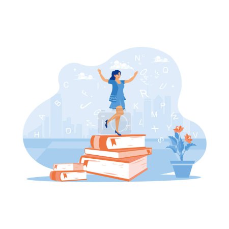 Illustration for A woman is standing on a pile of books. Learning or educational goals. Self-improvement concept. trend modern vector flat illustration - Royalty Free Image