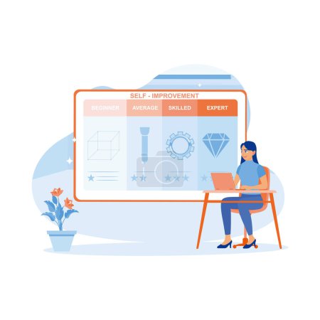 Illustration for Teenage girls take self-improvement tests online. He viewed the results on the laptop with the Development Performance Self-Improvement Rating icon on the screen. Self-improvement concept. trend modern vector flat illustration - Royalty Free Image