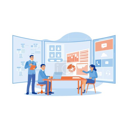 Illustration for A competent team of workers in office space. Front-end developer team brainstorming UI and UX design for mobile app on a laptop computer screen. APP devs concept. trend modern vector flat illustration - Royalty Free Image