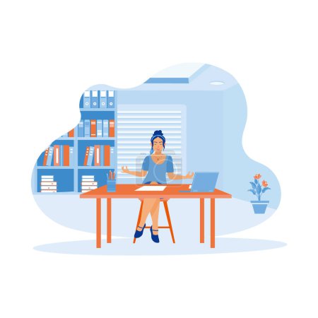 Illustration for Career woman sitting relaxed, meditating in front of a laptop. Take a deep breath to relieve stress after work. Self-improvement concept. trend modern vector flat illustration - Royalty Free Image