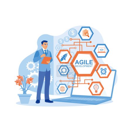 Illustration for Business people use digital tablets and laptops to develop agile software. Coding computer dexterity web business agile fast start up concept. Software developers concept. trend modern vector flat illustration - Royalty Free Image