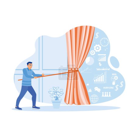 Illustration for Businessman pulling curtain string on the office window. You can see a picture of a business concept on the wall. Marketing concept. trend modern vector flat illustration - Royalty Free Image