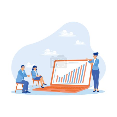 Illustration for Group of young businesspeople working in modern office. Analyzing data using a computer laptop in the office. Teamwork meeting concept. trend modern vector flat illustration - Royalty Free Image