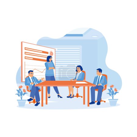 Illustration for Senior woman CEO and multicultural business people discussing company presentation at meeting room table. Diverse work team working in modern office. Business people in office workplace concept. trend modern vector flat illustration - Royalty Free Image