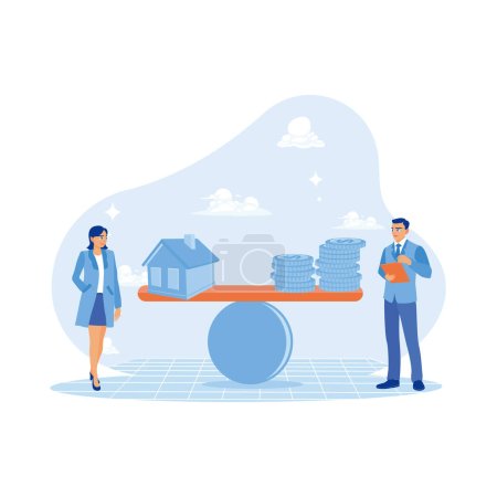 Illustration for Property business people explain the balance between house models and construction costs to clients. Businessman taking notes on digital tablet. House Model Balance Equilibrium Concept. Trend Modern vector flat illustration - Royalty Free Image