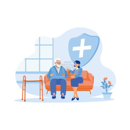 Illustration for A young nurse and an old male patient are sitting on the sofa. A nurse examines a patient during recovery in a nursing home. Elderly patient concept. Trend Modern vector flat illustration - Royalty Free Image