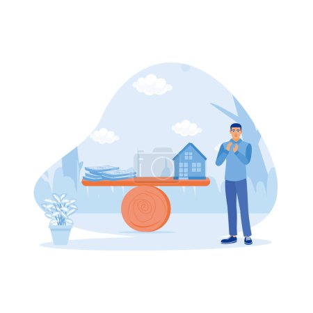 Illustration for An adult man is standing beside a seesaw balancing between a stack of banknotes and a house model. Set against a backdrop of blurred urban buildings. House Model Balance Equilibrium concept. Trend Modern vector flat illustration - Royalty Free Image