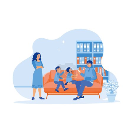Illustration for A happy mother sees her two children playing with their father at home. Dad made a photo of his children sitting and playing on the sofa. A couple of happy, funny parents concepts. Trend Modern vector flat illustration - Royalty Free Image