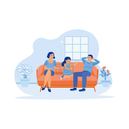 Ilustración de Felices familias sentadas juntas en el sofá. La niña está encantada de jugar con sus padres en casa el fin de semana. Un par de conceptos de padres soleados y divertidos. Tendencia Moderno vector ilustración plana - Imagen libre de derechos