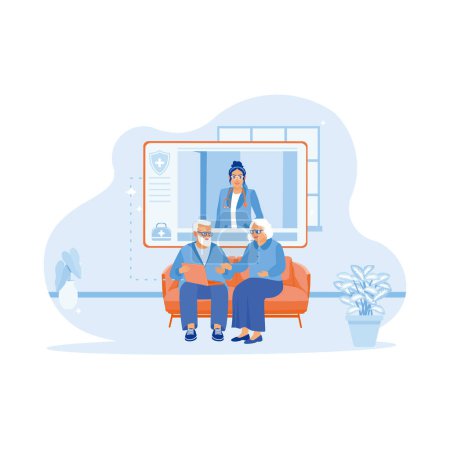 Illustration for Happy mature husband and wife sitting on the sofa at home. Consulting about health with the young female doctor on the laptop. Doctor Talking To Elderly Patient At Home concept. Trend Modern vector flat illustration - Royalty Free Image