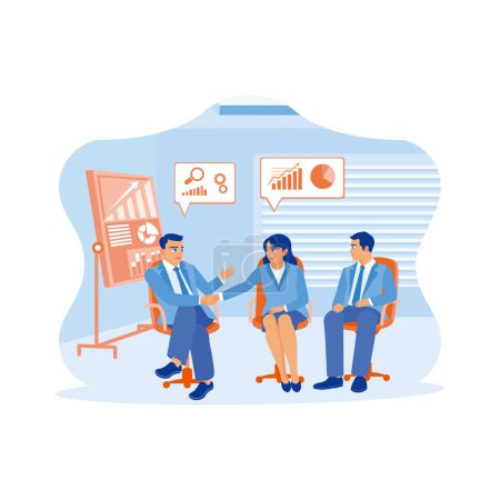 Illustration for Diverse businesspeople are sitting together and shaking hands in modern office space. They discussed together during the meeting. New employees concept. trend modern vector flat illustration - Royalty Free Image