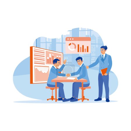 Illustration for Business team having a meeting in modern office. Businessman shaking hands with coworker after reaching an agreement. New employees concept. trend modern vector flat illustration - Royalty Free Image