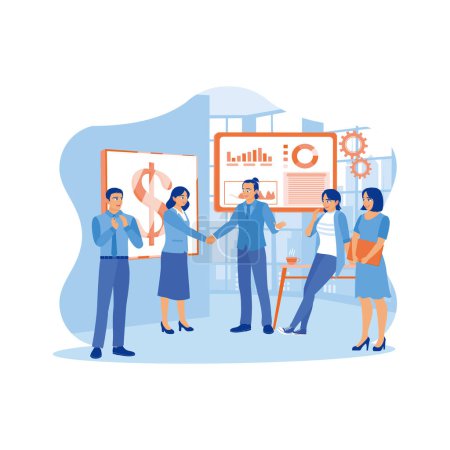 Illustration for Two company leaders meet and negotiate during a meeting. They shook hands after reaching a mutual agreement. New employees concept. trend modern vector flat illustration - Royalty Free Image