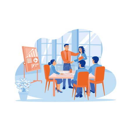 Illustration for Businessman shaking hands with a new employee and introducing him to another work team during a meeting. New employees concept. trend modern vector flat illustration - Royalty Free Image