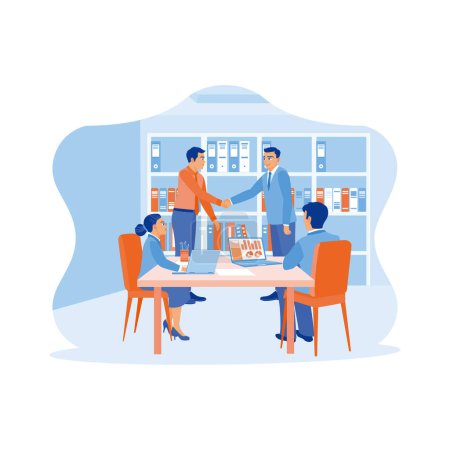 Illustration for Successful teamwork during office meetings. Businessman shaking hands with another colleague after reaching a good agreement. Success and happiness teamwork concept. trend modern vector flat illustration - Royalty Free Image