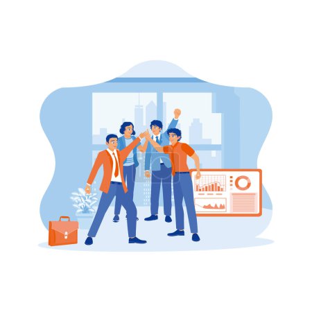 Illustration for Happy and diverse businessmen are high-fiving after finding a solution to a problem as a result of successful brainstorming. Standing in an office space with a backdrop of urban buildings. Celebrating concept. trend modern vector flat illustration - Royalty Free Image