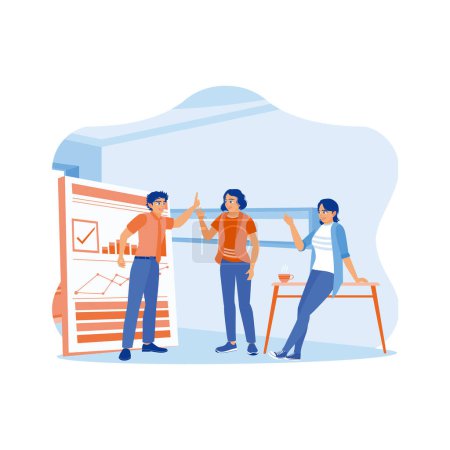 Illustration for Happy young businessman standing near whiteboard during a meeting in office. Give high fives to colleagues for work success achieved. Happy business people are celebrating success at the company concept. trend modern vector flat illustration - Royalty Free Image