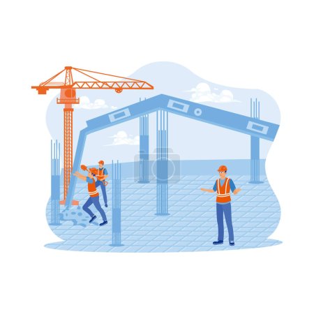 Illustration for Civil architect engineers inspect and work on building sites of outdoor structur`es. Workers are in the process of casting support pillars. Architect and engineer construction concept. trend modern vector flat illustration - Royalty Free Image