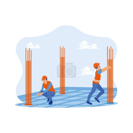 Illustration for Construction workers making multi-storey buildings at a development project. Construction workers make steel reinforcement at the construction site. Architect and engineer construction concept. trend modern vector flat illustration - Royalty Free Image