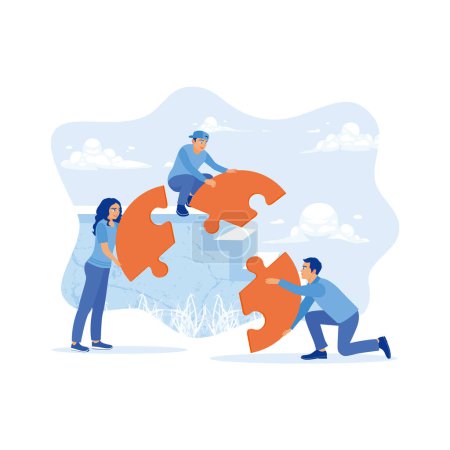 Illustration for Creative work team connecting puzzles in modern office. Putting together the puzzle correctly leads to success. Employee Making concept. trend modern vector flat illustration - Royalty Free Image