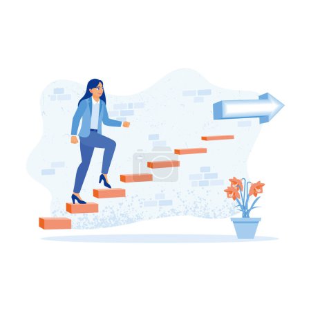 Illustration for Leadership and career development. Climb the stairs to the next level with the arrow on the wall. Career Development Concept. trend modern vector flat illustration - Royalty Free Image