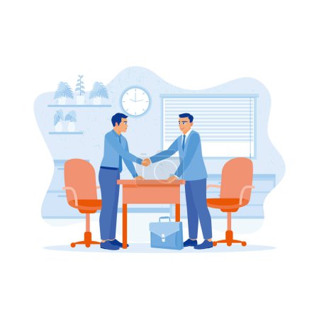 Illustration for Businessman shaking hands with colleagues after reaching a mutual agreement. Smiling businessman building partnership at the workplace. Employee Making concept. trend modern vector flat illustration - Royalty Free Image