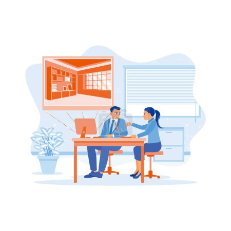 Illustration for Managers and coworkers create an interior design using the computer. 3D modelling and digital Interior design. Employee Making concept. trend modern vector flat illustration - Royalty Free Image