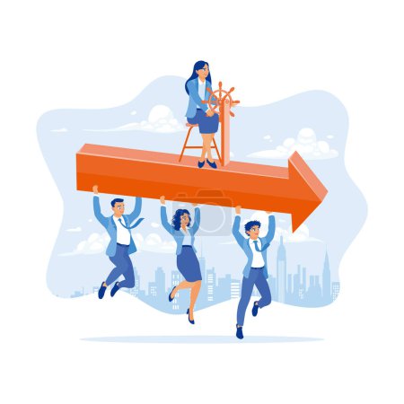 Illustration for An employee holds up an arrow steered by a female manager. Productive work team. Paving the way to success. Employee Making concept. trend modern vector flat illustration - Royalty Free Image