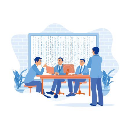 Illustration for AI programmers and software development team brainstorming and programming on desktop computers. Working in start-up business companies and entrepreneurship. Discuss Information concept. trend modern vector flat illustration - Royalty Free Image