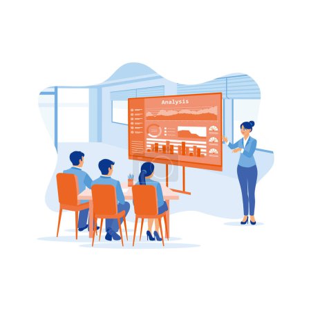 Illustration for Female chief analyst leading a meeting with colleagues in the office. He stood next to the projector board, analyzing graphs, data, and statistics. Growth Analysis Concept. trend modern vector flat illustration - Royalty Free Image