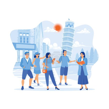 Illustration for Multicultural tourists are touring in Pisa, Italy, during the day. Tourists listen to a guide's explanation about a famous monument. Tourist Guide concept. trend modern vector flat illustration - Royalty Free Image