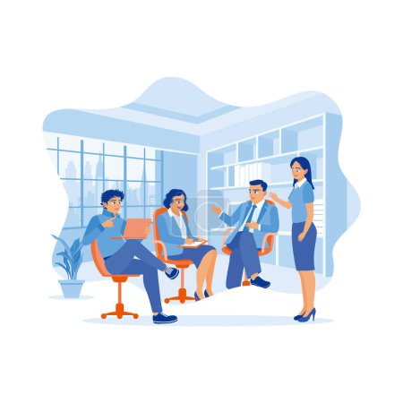 Illustration for Group of young business people researching and planning work in the meeting room. Exchange ideas and discuss together during meetings. Discuss Information concept. trend modern vector flat illustration - Royalty Free Image