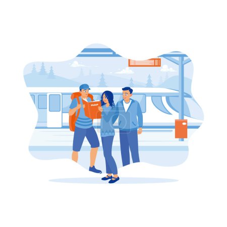 Illustration for A group of friends went on a tourist trip using a map and a train. They gathered at the train station while looking at the map. Tourist Guide concept. trend modern vector flat illustration - Royalty Free Image