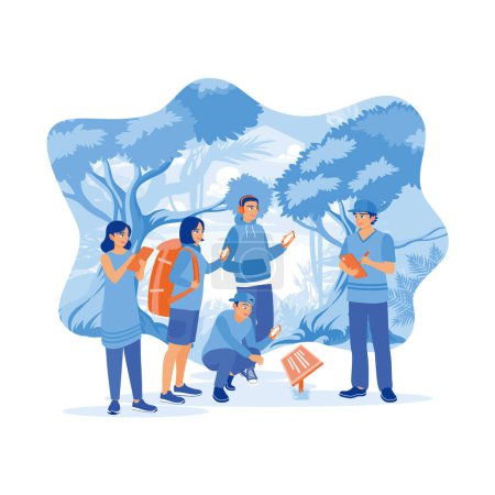Ilustración de Jóvenes turistas están haciendo senderismo en el bosque con un guía. Usar un smartphone durante un viaje por el bosque. Concepto de guía turística. tendencia vector moderno ilustración plana - Imagen libre de derechos