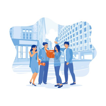 Illustration for A group of smiling friends looking at maps and carrying cameras explore the city. They travel during the holiday season. Tourist Guide concept. trend modern vector flat illustration - Royalty Free Image
