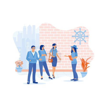Illustration for Female tour guide giving an explanation about the local architect's buildings to a group of young tourists. Organize a tourist trip on an urban tour. Tourist Guide concept. trend modern vector flat illustration - Royalty Free Image